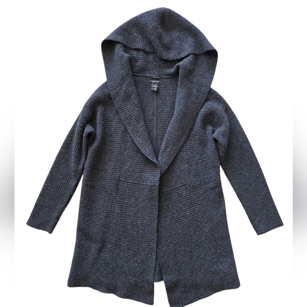 Halogen Long Ribbed Cashmere Wool Cardigan Open Front Sweater Hooded Small Gray